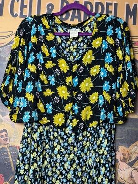90s Grunge Cottagecore Country Romance Black Floral Midi Dress